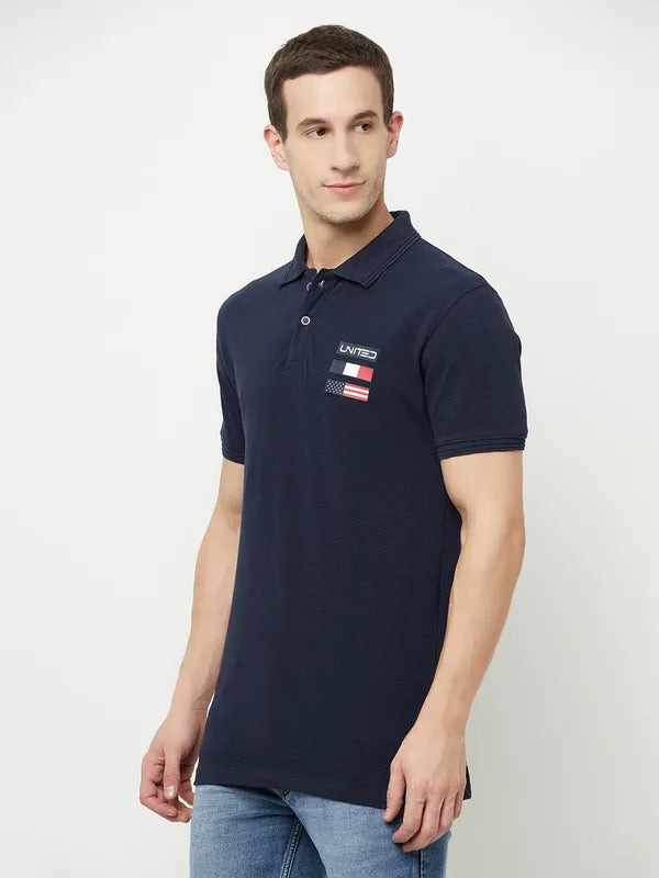 Octave Men Navy Blue Polo Collar Applique T-Shirt