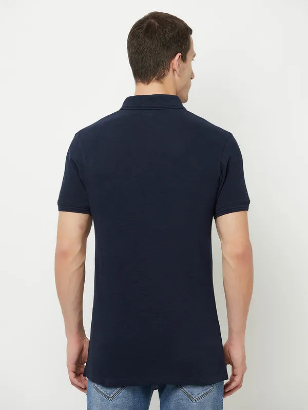 Octave Men Navy Blue Polo Collar Applique T-Shirt