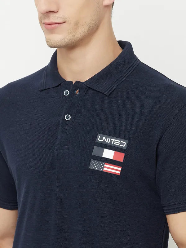 Octave Men Navy Blue Polo Collar Applique T-Shirt