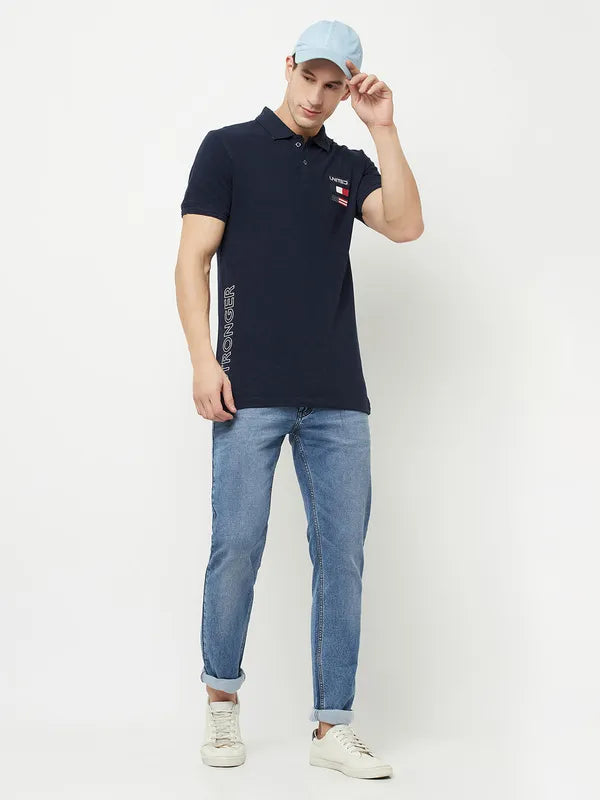 Octave Men Navy Blue Polo Collar Applique T-Shirt