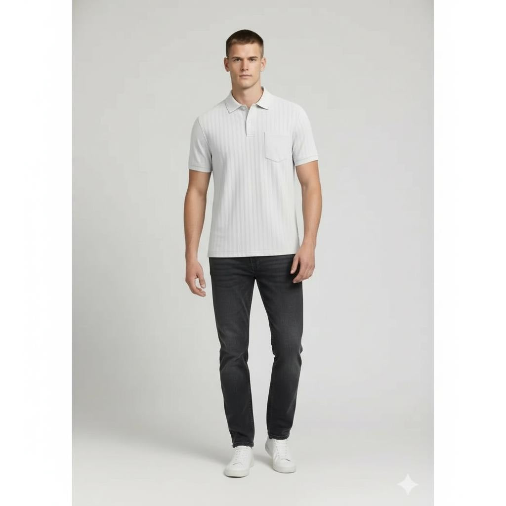 Men Off White Striped Polo Collar T-shirt
