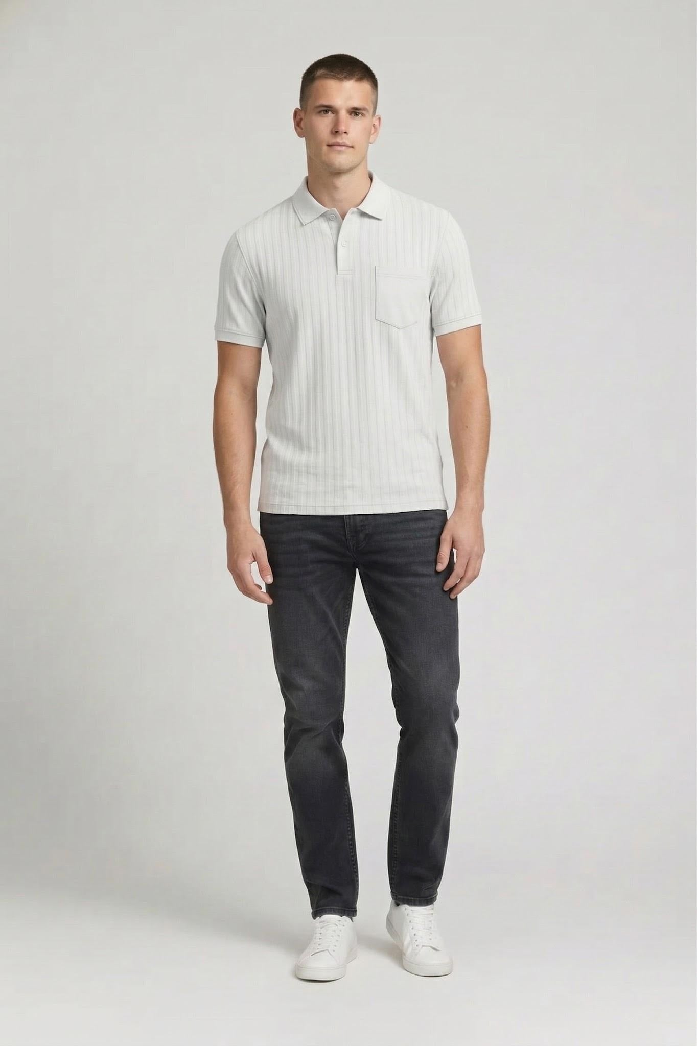Men Off White Striped Polo Collar T-shirt
