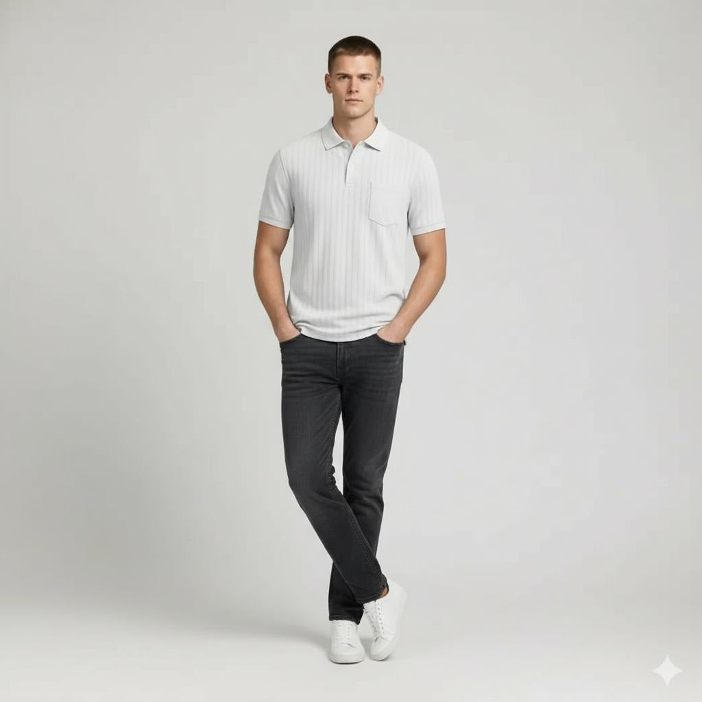 Men Off White Striped Polo Collar T-shirt