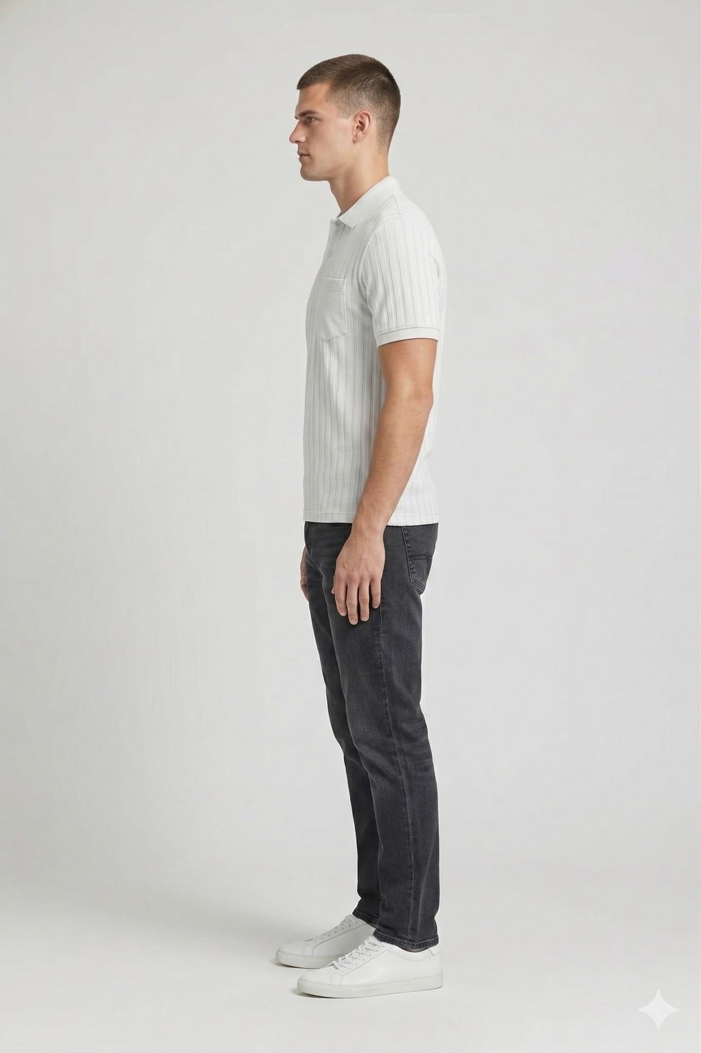 Men Off White Striped Polo Collar T-shirt