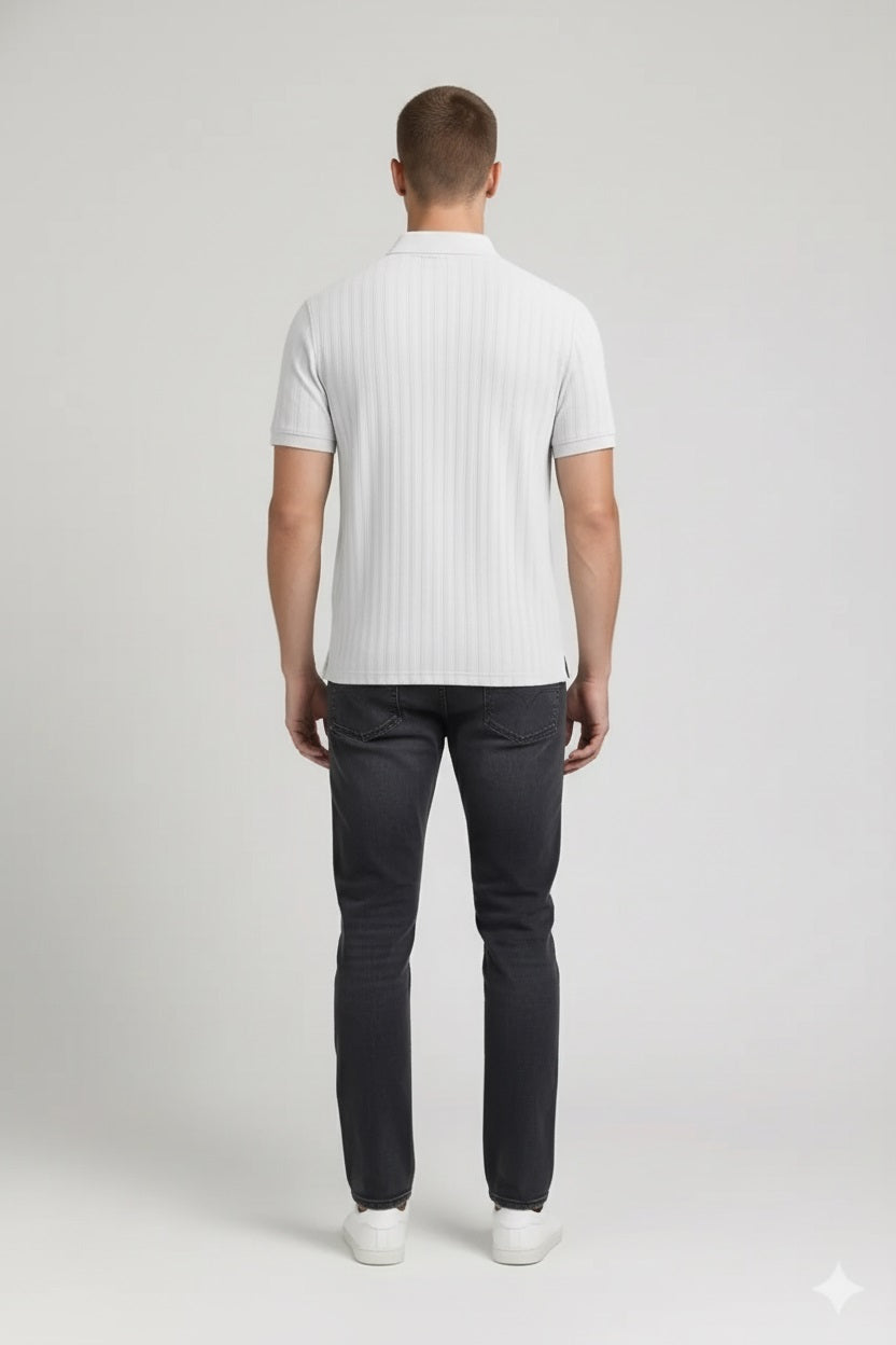 Men Off White Striped Polo Collar T-shirt