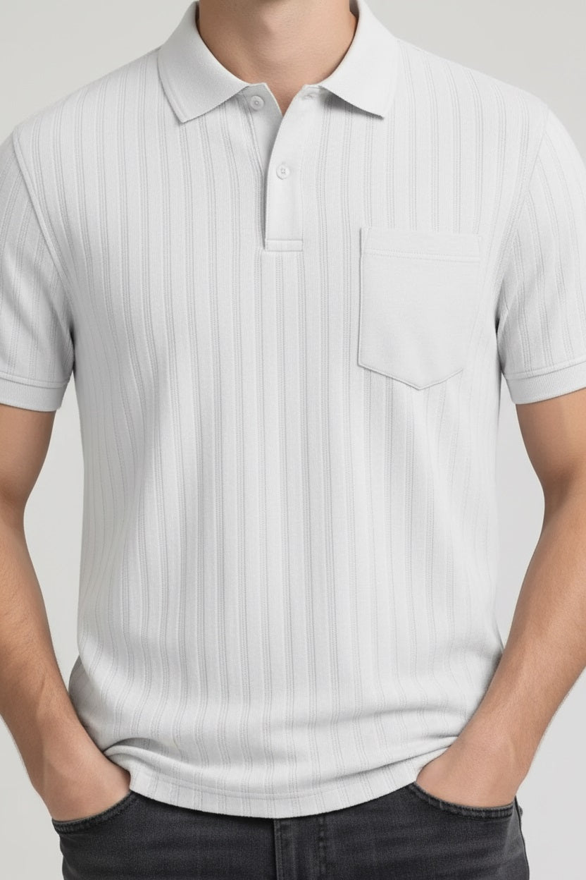 Men Off White Striped Polo Collar T-shirt