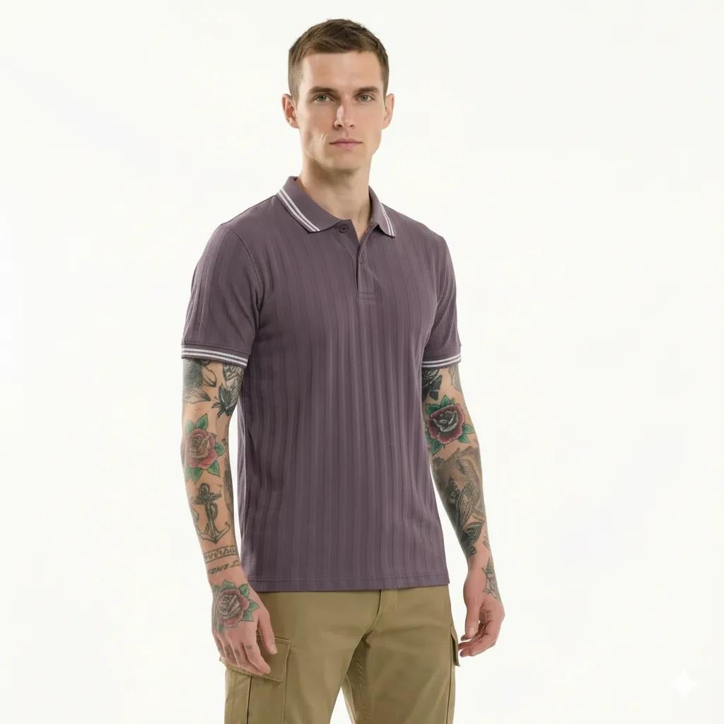 Octave Men Black Currant Striped Polo Collar T-shirt