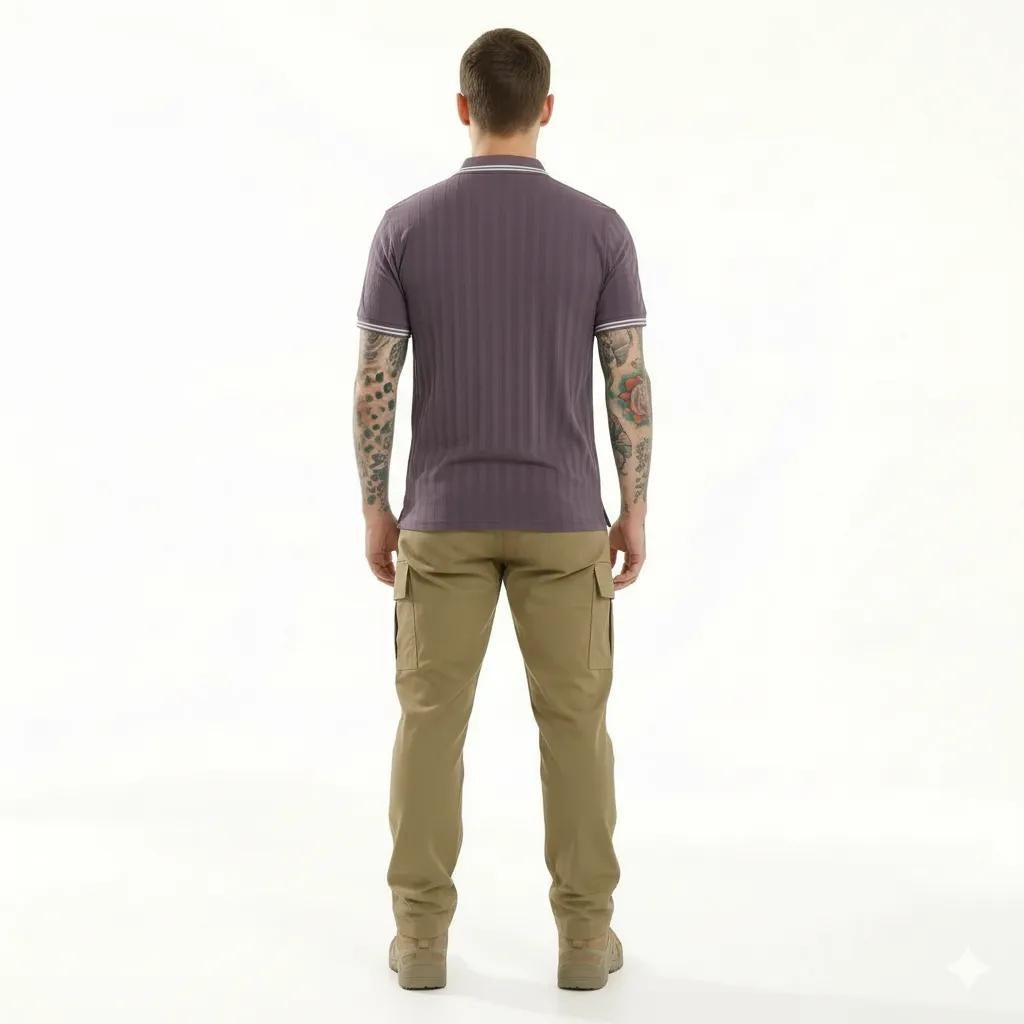 Octave Men Black Currant Striped Polo Collar T-shirt