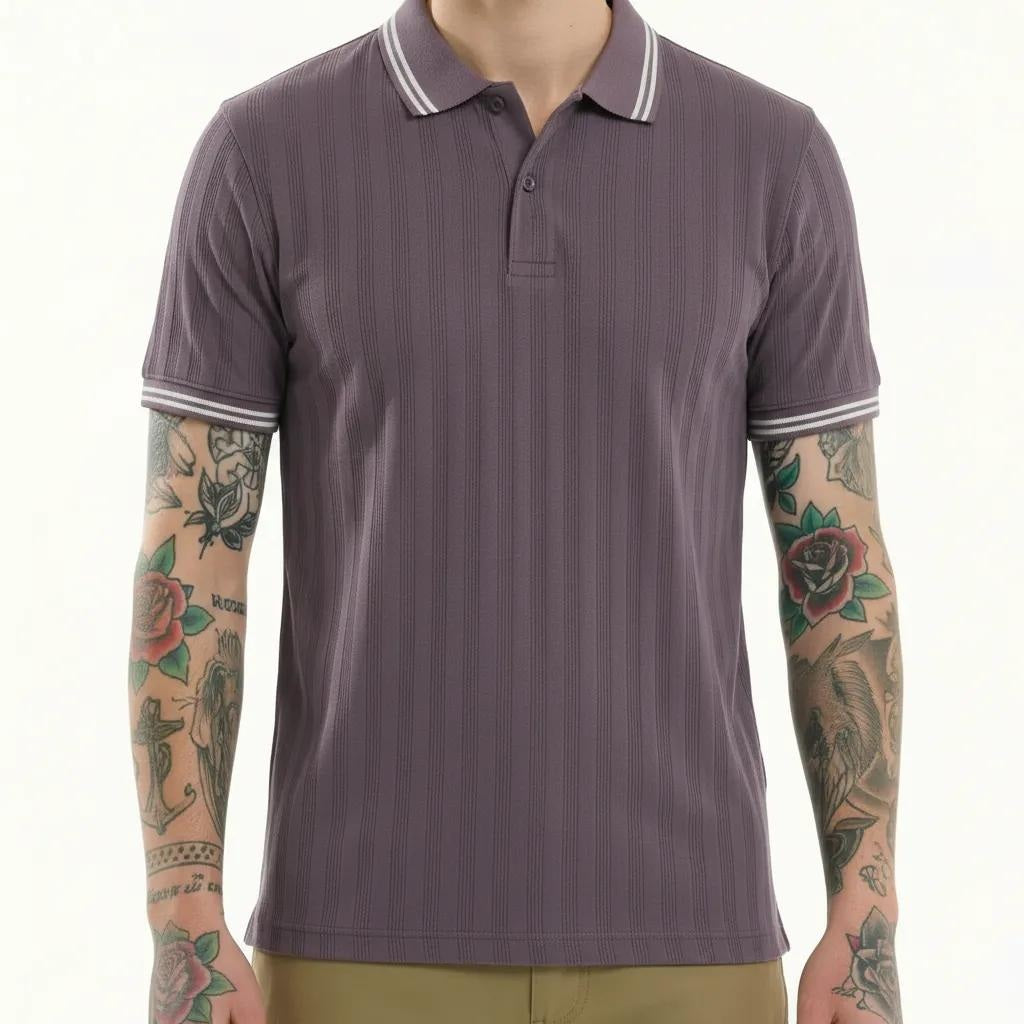 Octave Men Black Currant Striped Polo Collar T-shirt