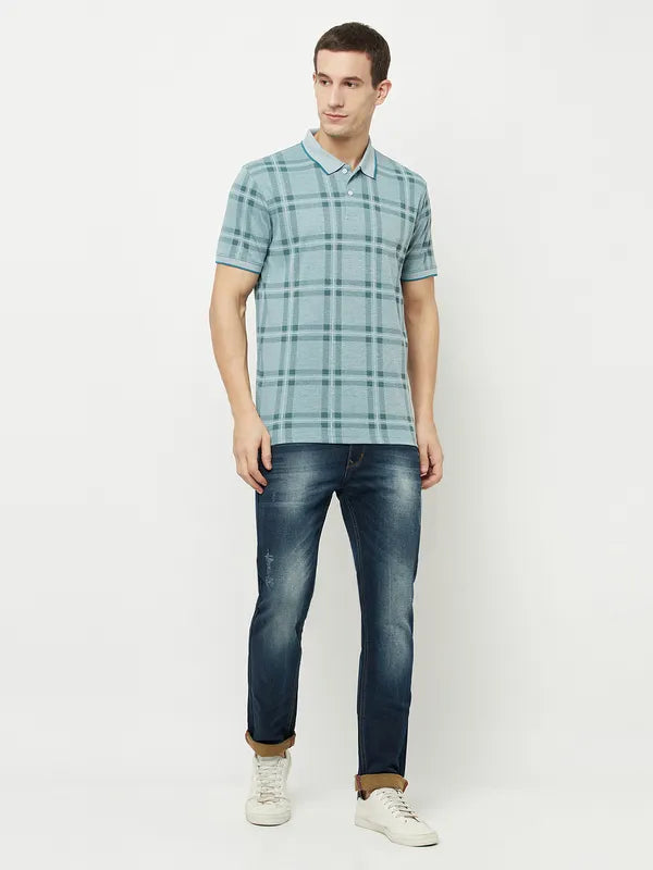 Octave Men Blue Checked Polo Collar T-Shirt