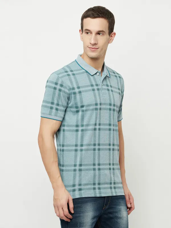 Octave Men Blue Checked Polo Collar T-Shirt