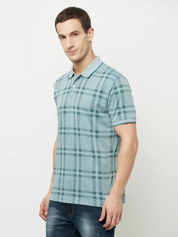 Octave Men Blue Checked Polo Collar T-Shirt