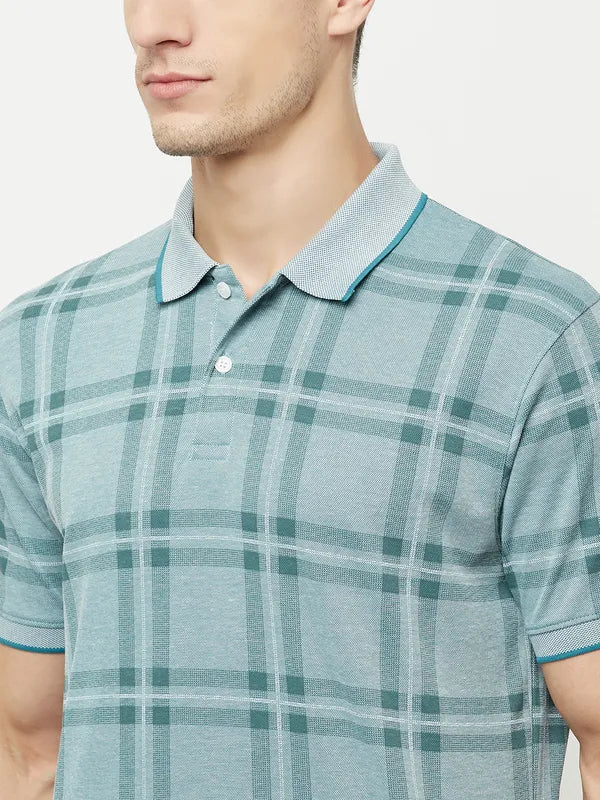 Octave Men Blue Checked Polo Collar T-Shirt