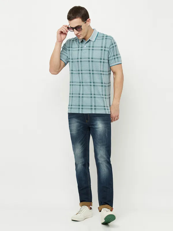 Octave Men Blue Checked Polo Collar T-Shirt