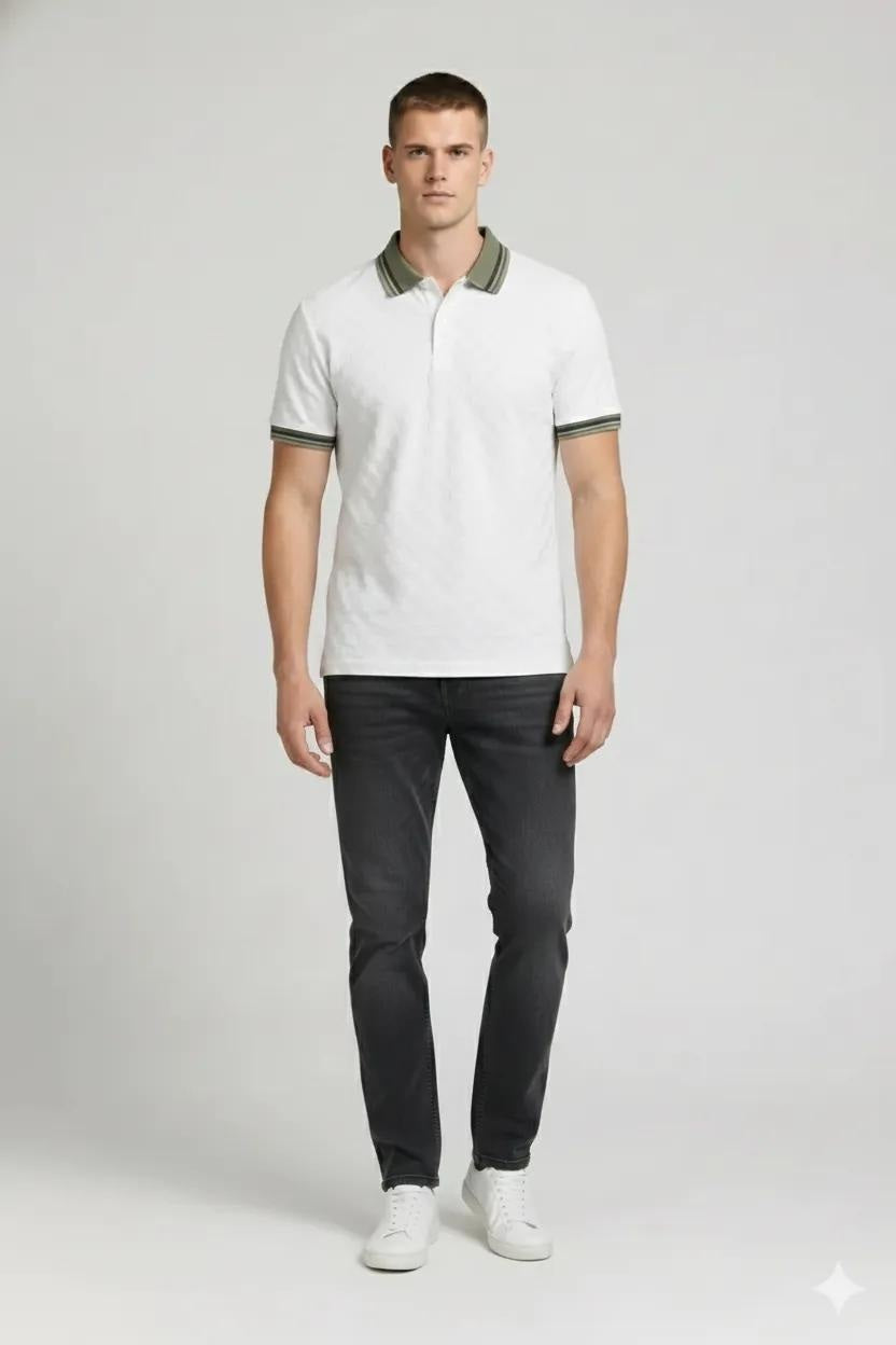 Men Off White Polo Collar T-shirt