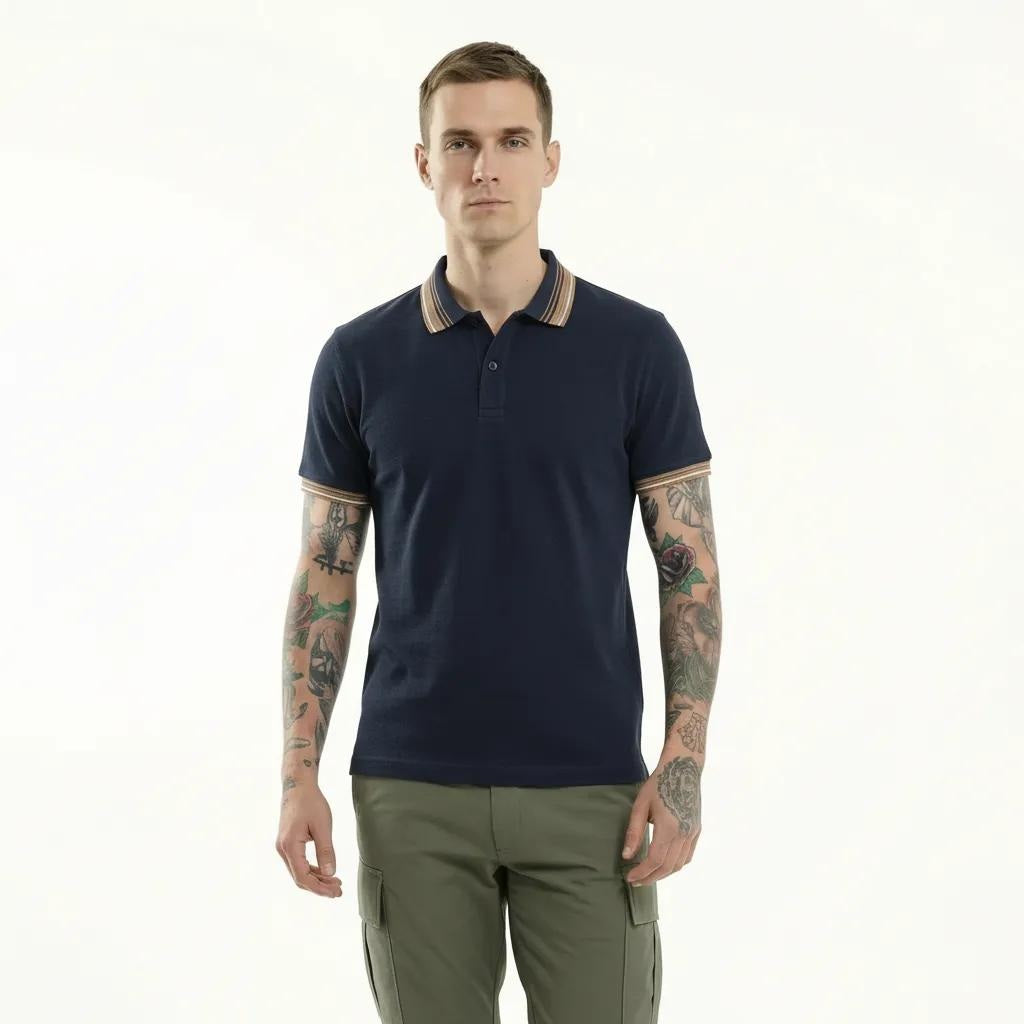 Men Navy Polo Collar Solid T-shirt