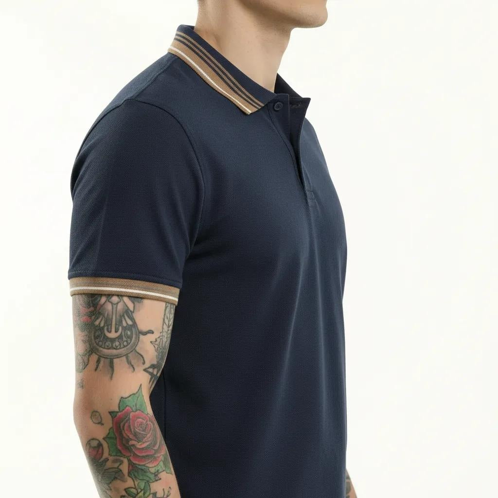 Men Navy Polo Collar Solid T-shirt