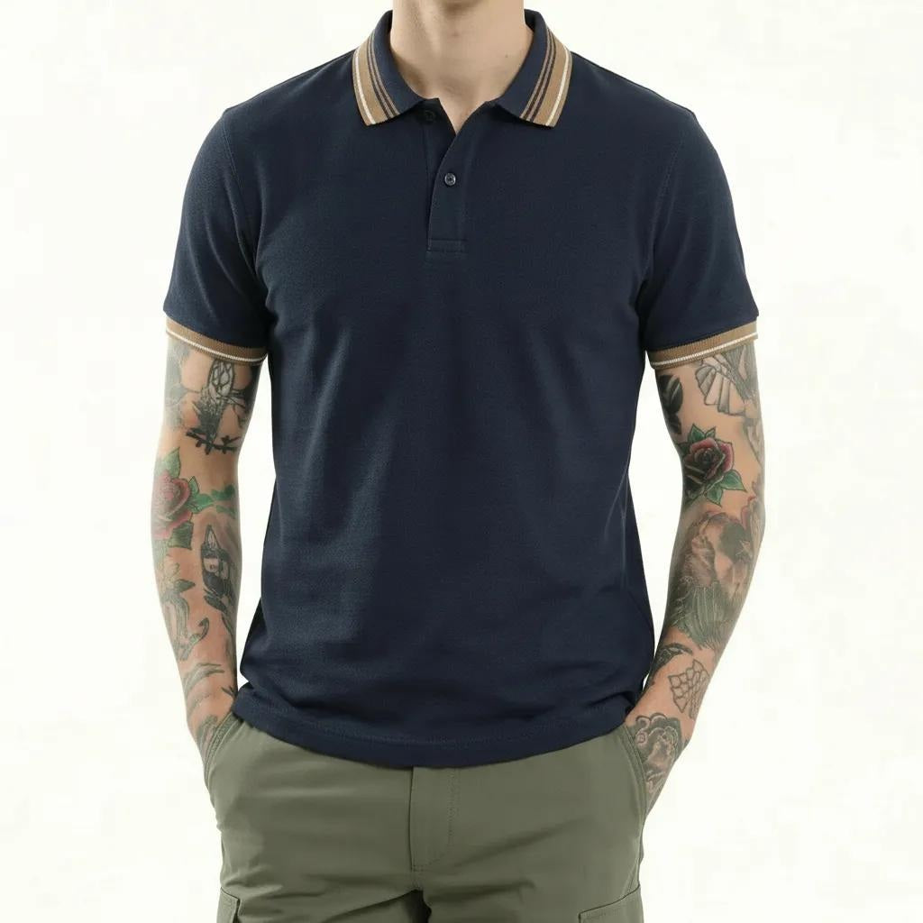 Men Navy Polo Collar Solid T-shirt
