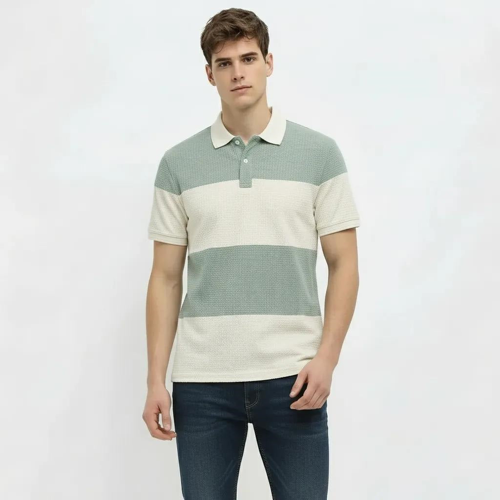 Men Green Melange Colourblocked  Polo Collar T-shirt