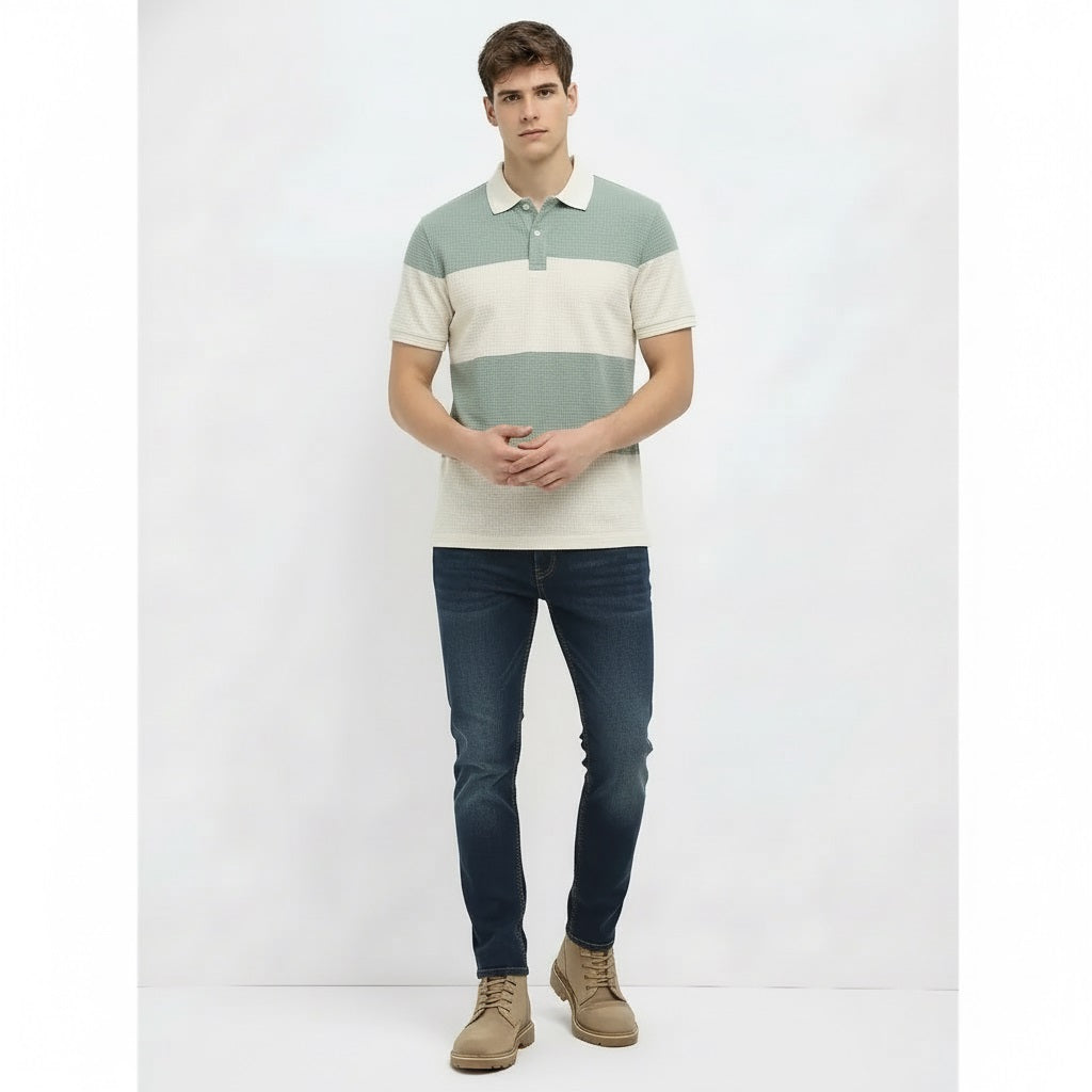 Men Green Melange Colourblocked  Polo Collar T-shirt