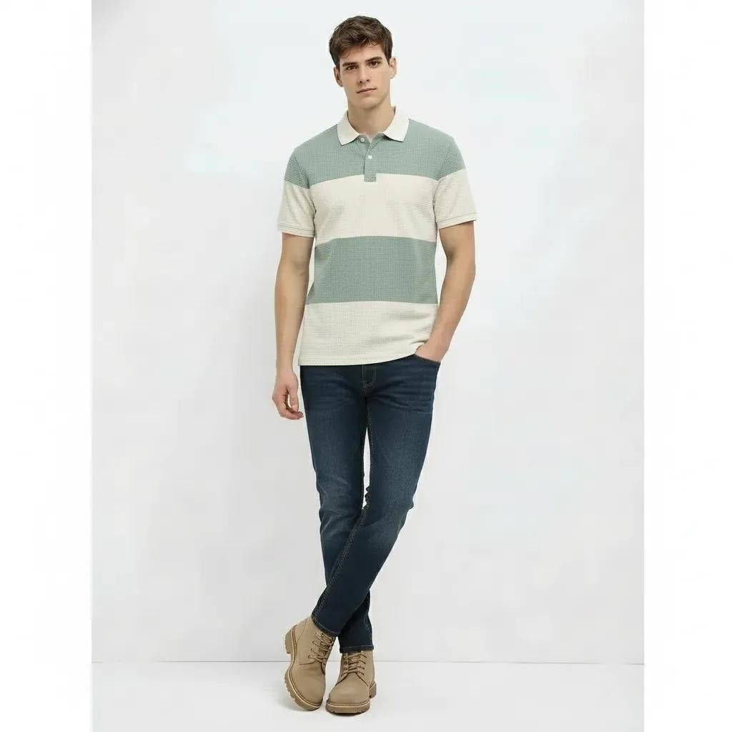 Men Green Melange Colourblocked  Polo Collar T-shirt
