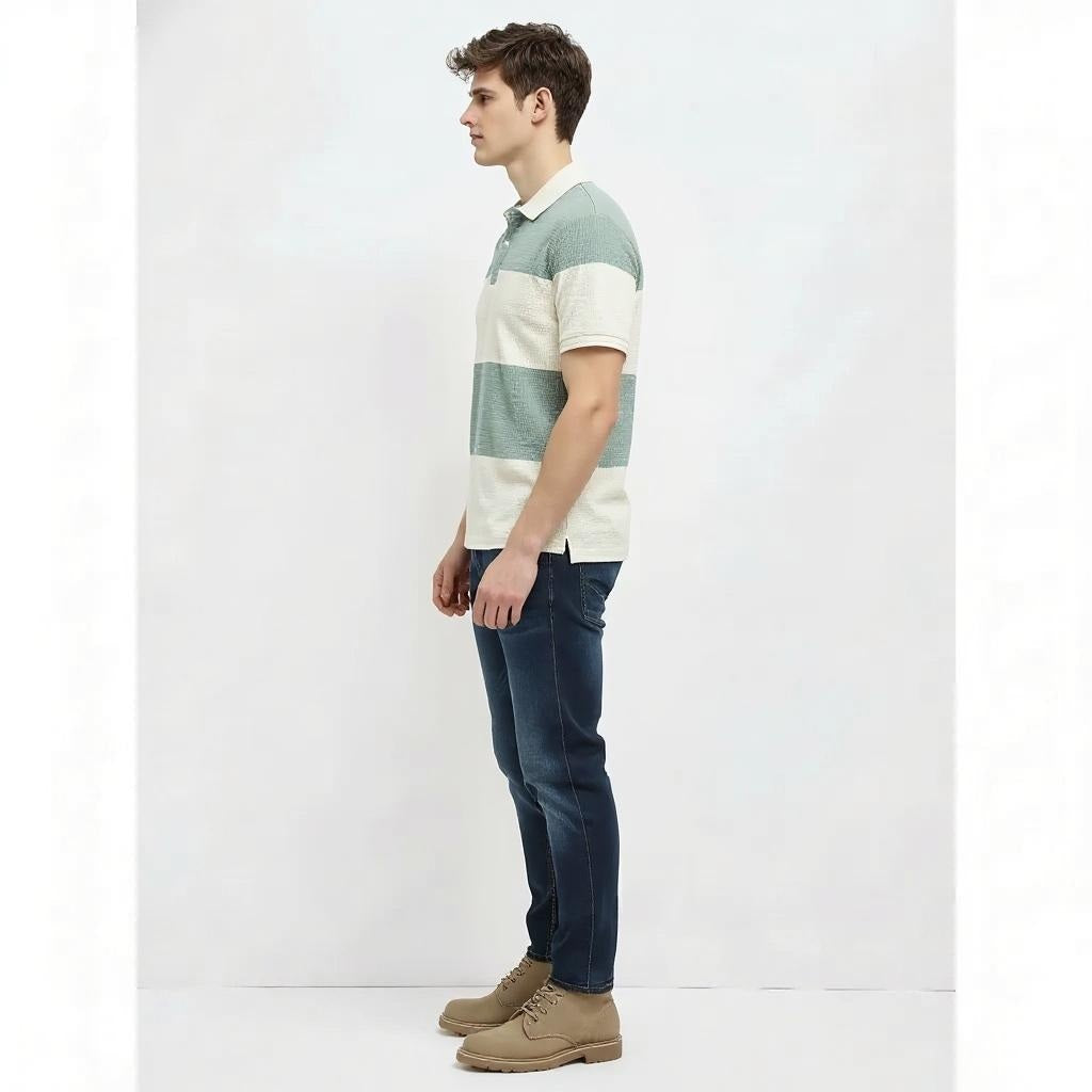 Men Green Melange Colourblocked  Polo Collar T-shirt