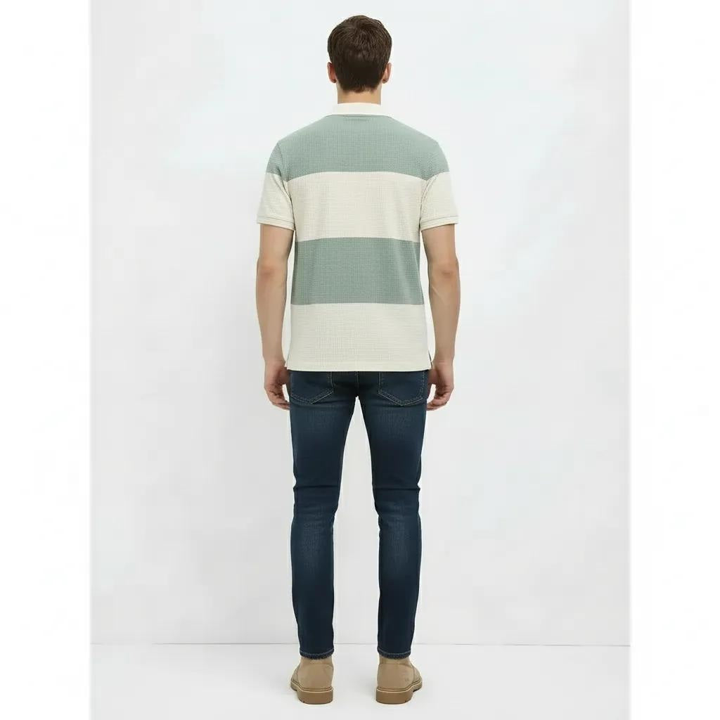 Men Green Melange Colourblocked  Polo Collar T-shirt
