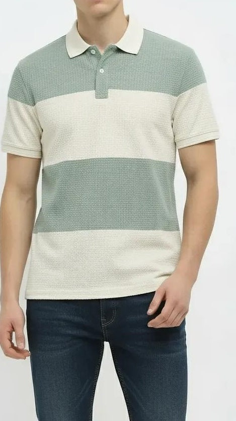 Men Green Melange Colourblocked  Polo Collar T-shirt