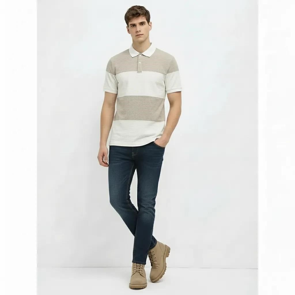 Men Linen Melange Colourblocked  Polo Collar T-shirt