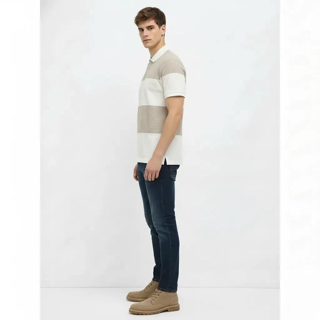Men Linen Melange Colourblocked  Polo Collar T-shirt
