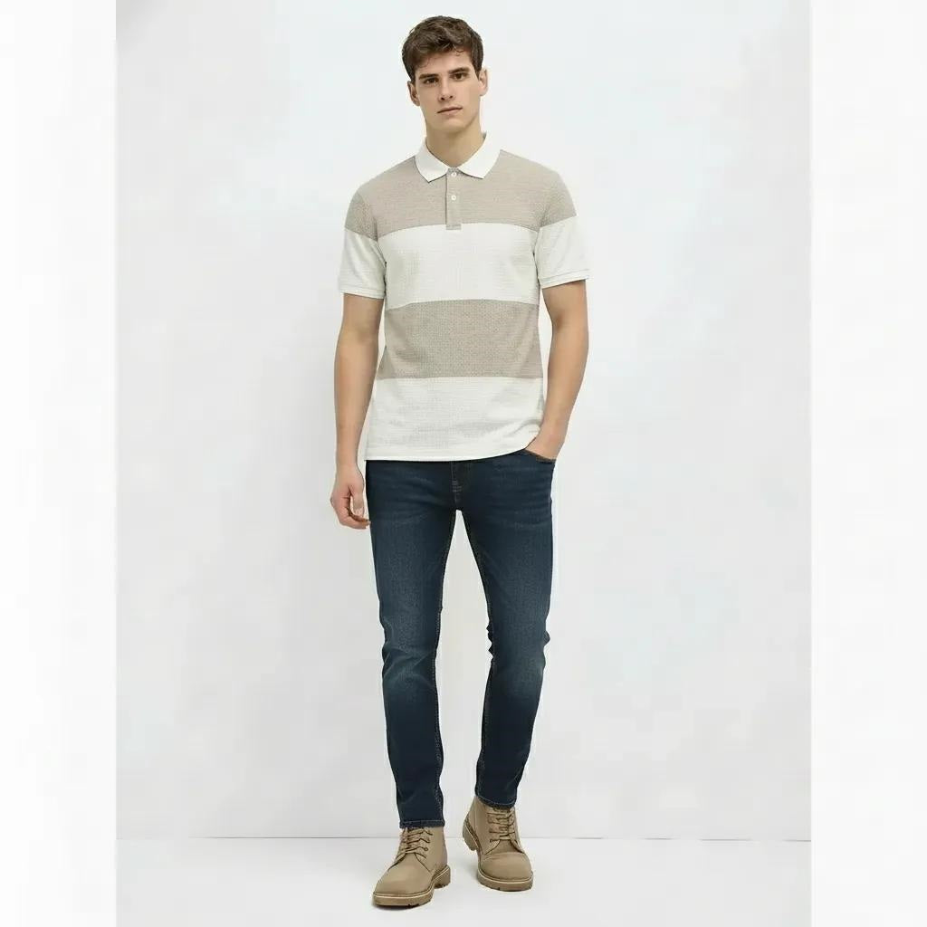 Men Linen Melange Colourblocked  Polo Collar T-shirt