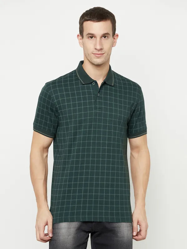 Octave Men Green Checked Polo Collar T-Shirt