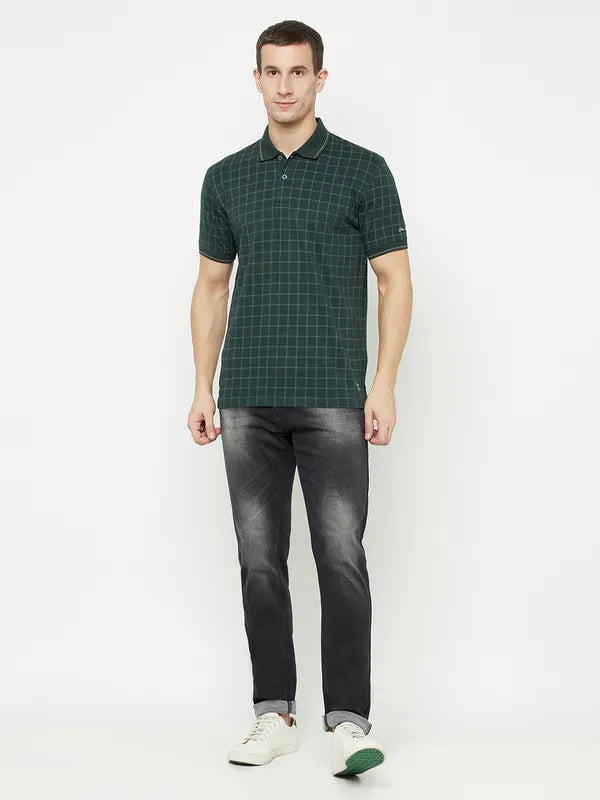 Octave Men Green Checked Polo Collar T-Shirt