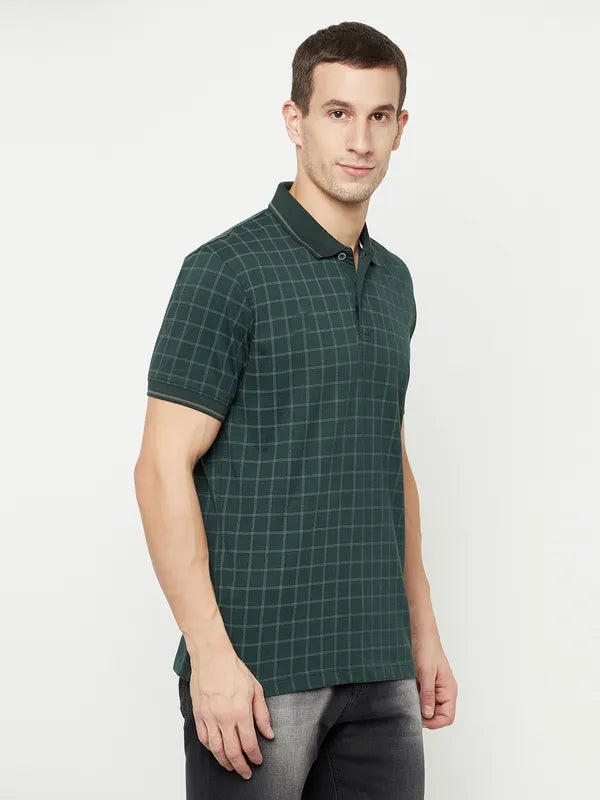 Octave Men Green Checked Polo Collar T-Shirt