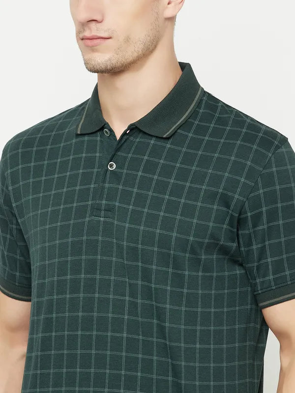 Octave Men Green Checked Polo Collar T-Shirt