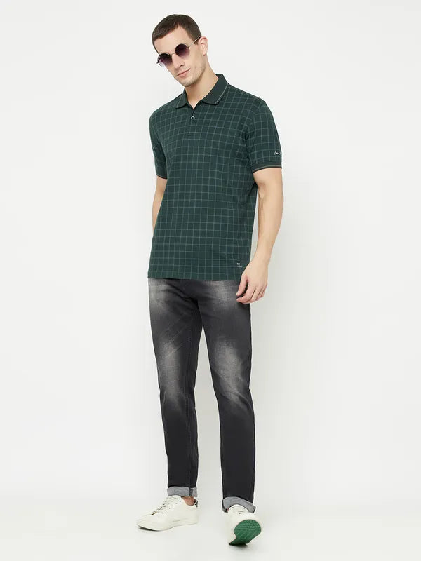 Octave Men Green Checked Polo Collar T-Shirt