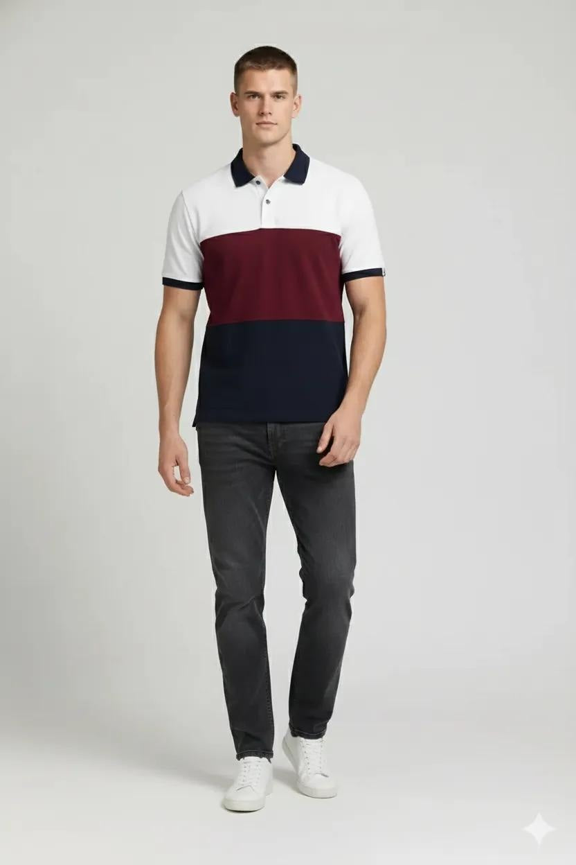 Men Merlot Colourblocked Polo Collar T-shirt