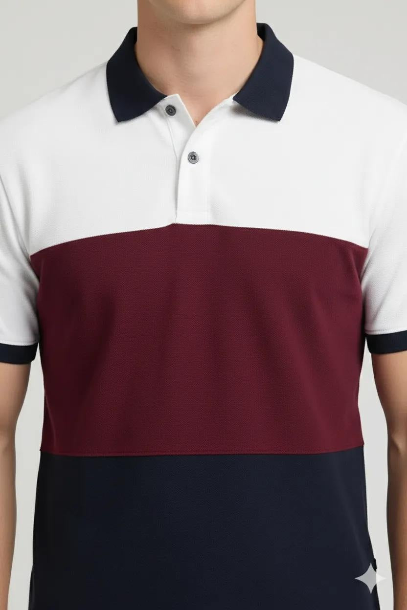 Men Merlot Colourblocked Polo Collar T-shirt