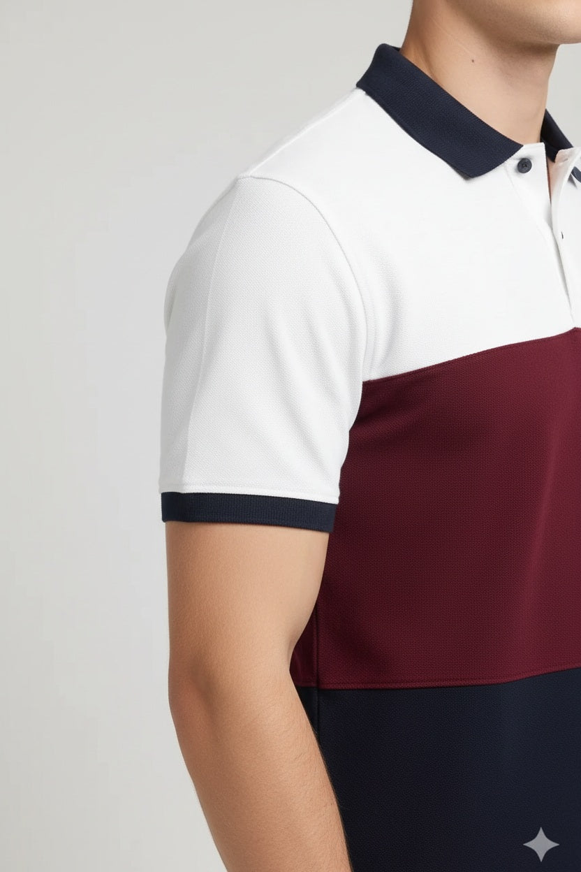 Men Merlot Colourblocked Polo Collar T-shirt