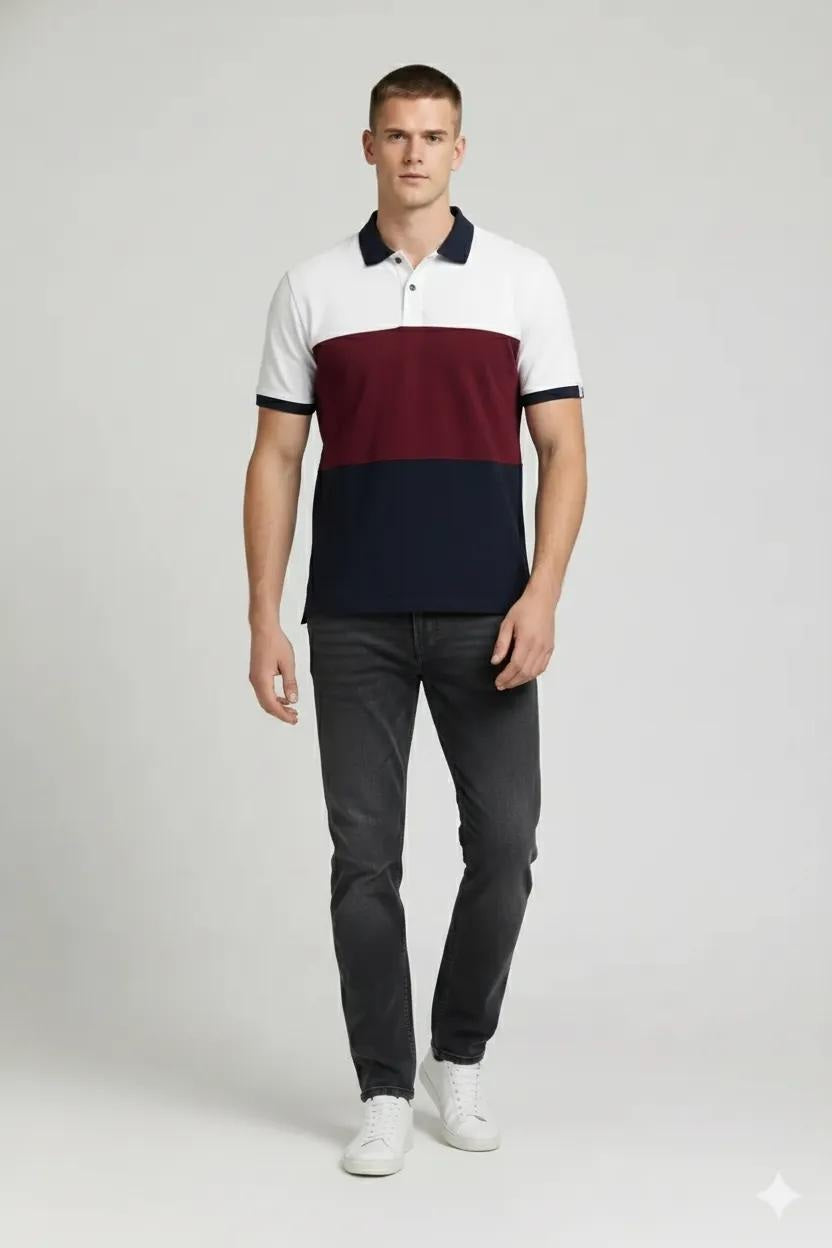 Men Merlot Colourblocked Polo Collar T-shirt