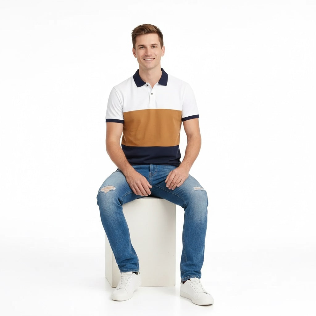 Men Wheat Colourblocked Polo Collar T-shirt