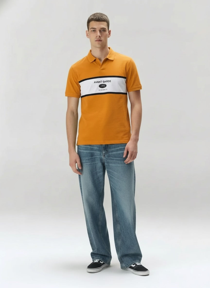 Men Oak Buff Typography Colourblocked Polo Collar T-shirt