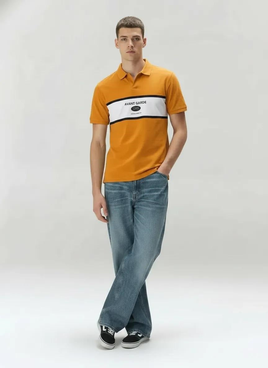 Men Oak Buff Typography Colourblocked Polo Collar T-shirt