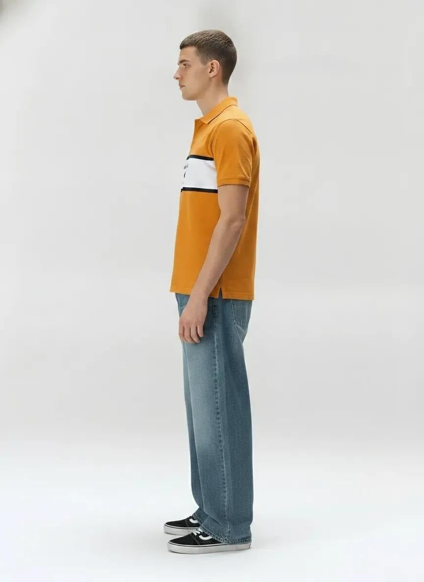 Men Oak Buff Typography Colourblocked Polo Collar T-shirt