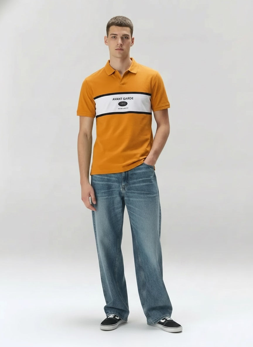 Men Oak Buff Typography Colourblocked Polo Collar T-shirt