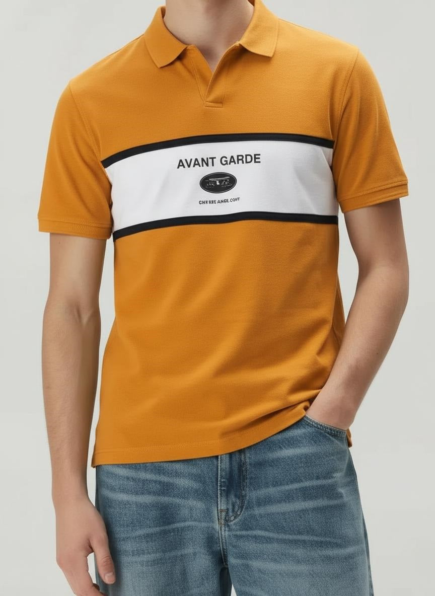Men Oak Buff Typography Colourblocked Polo Collar T-shirt