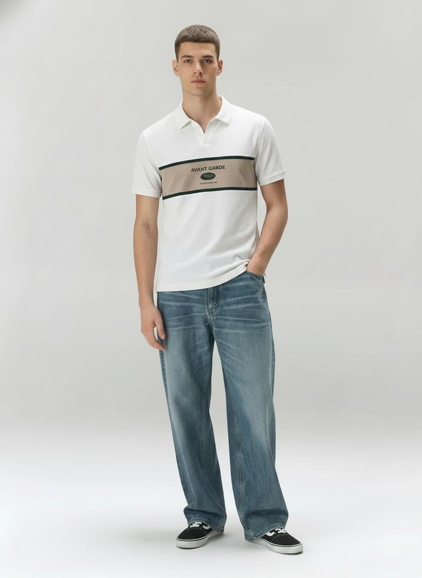 Men Off White Typography Colourblocked Polo Collar T-shirt