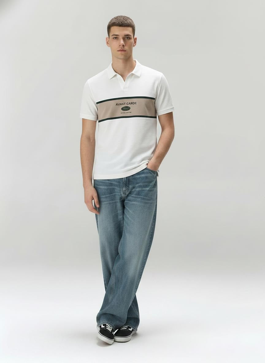 Men Off White Typography Colourblocked Polo Collar T-shirt