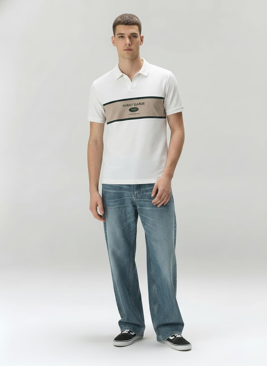 Men Off White Typography Colourblocked Polo Collar T-shirt