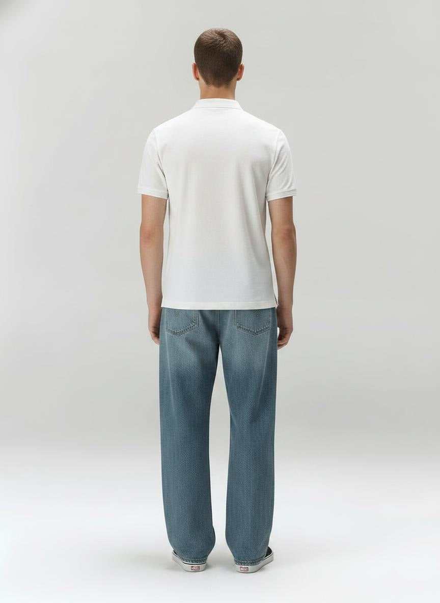 Men Off White Typography Colourblocked Polo Collar T-shirt